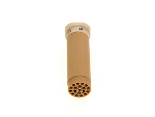 Zündpatrone von Bosch, zylindrische Form mit perforiertem Ende und schmalem oberen Teil. Klare Kunststoffabdeckung oben.
